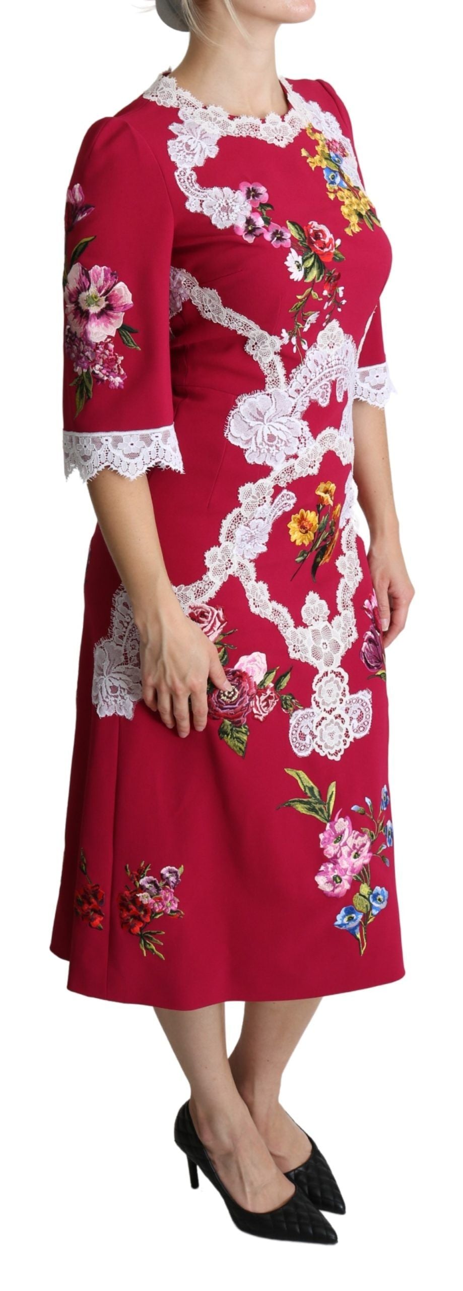 Dolce &amp; Gabbana – Rotes Midi-Etuikleid mit Blumenstickerei