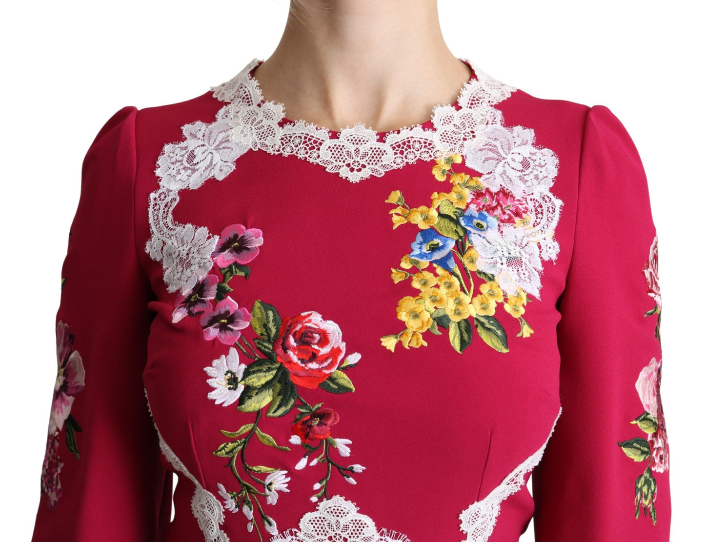 Dolce &amp; Gabbana – Rotes Midi-Etuikleid mit Blumenstickerei