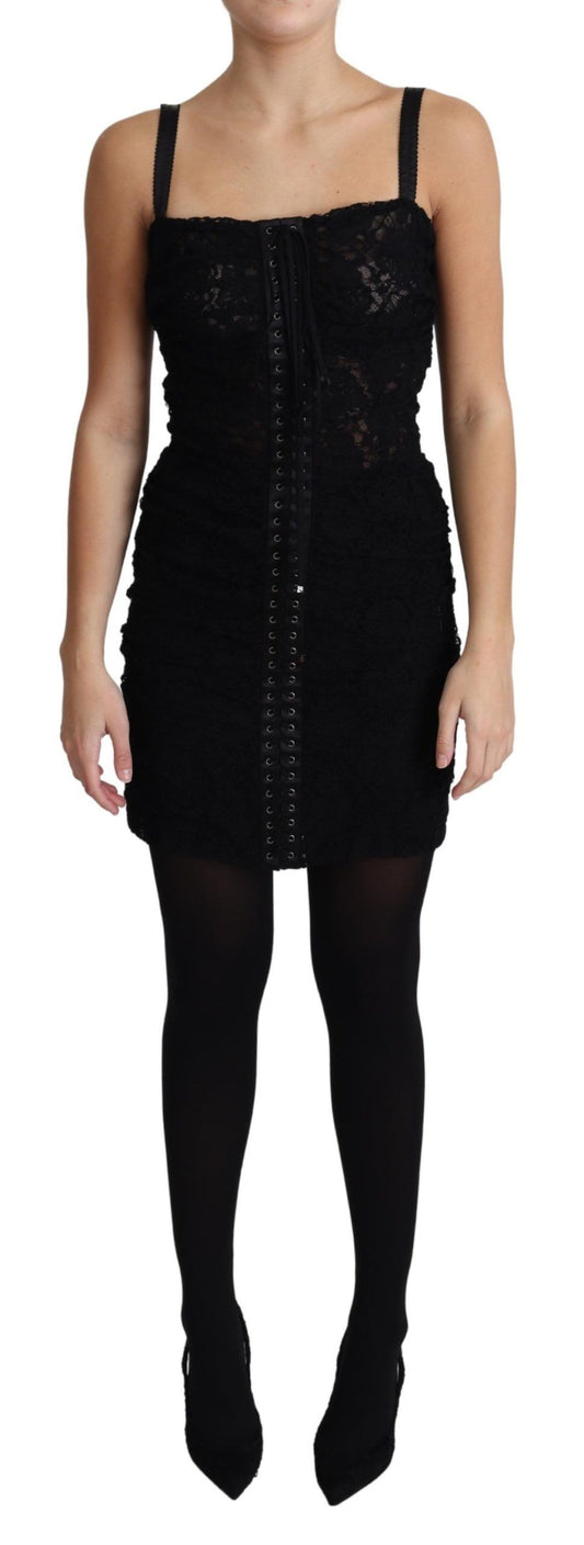 Mini-robe bustier corset à fleurs et lacets noire Dolce &amp; Gabbana