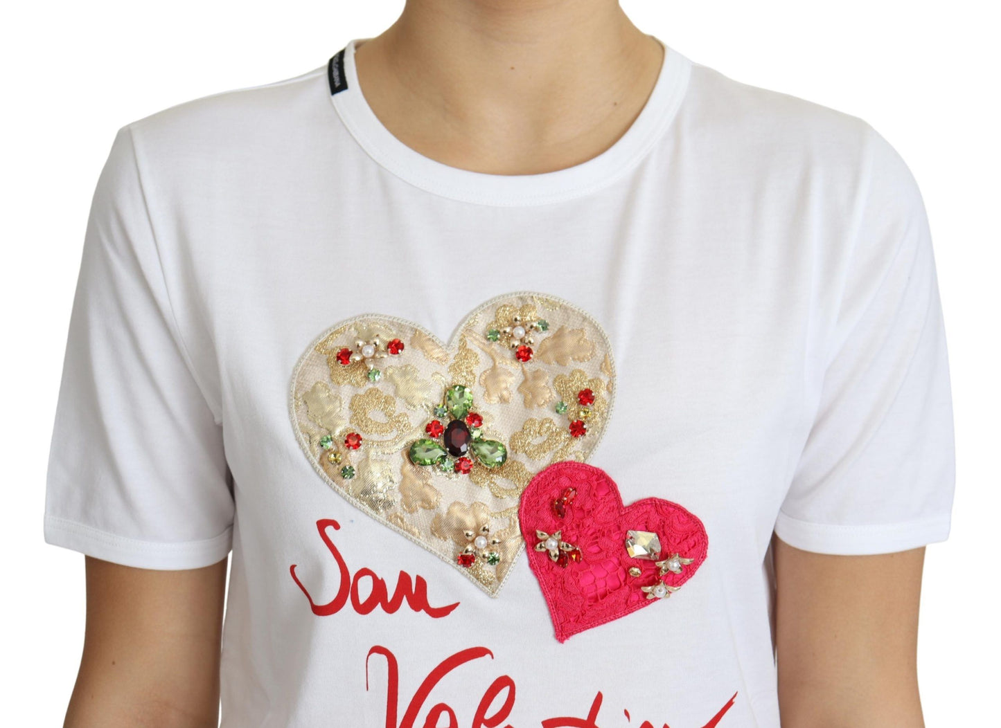 Dolce &amp; Gabbana – Weißes T-Shirt-Oberteil mit Herz- und Kristallverzierung zum Valentinstag