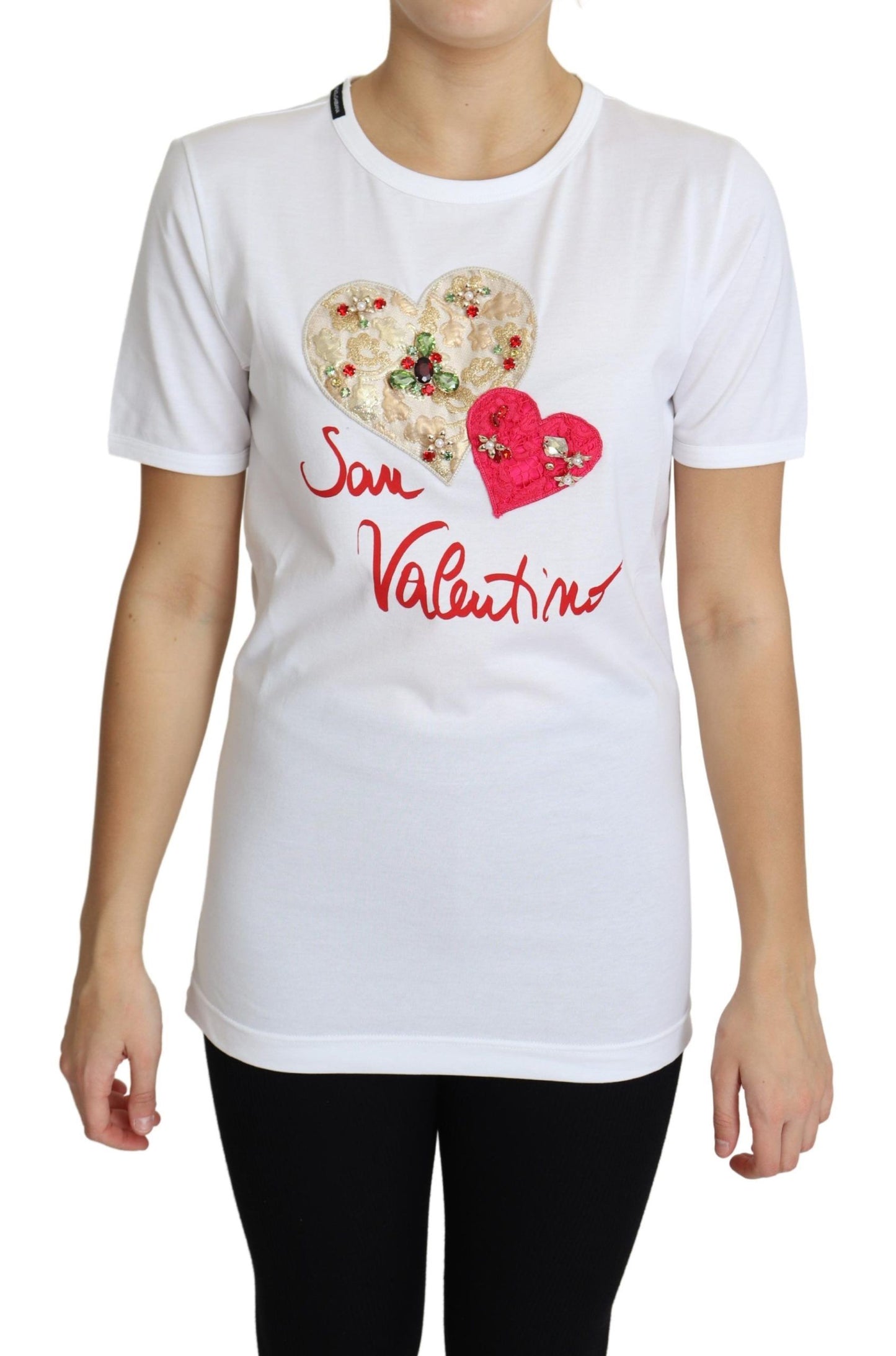 Dolce &amp; Gabbana – Weißes T-Shirt-Oberteil mit Herz- und Kristallverzierung zum Valentinstag
