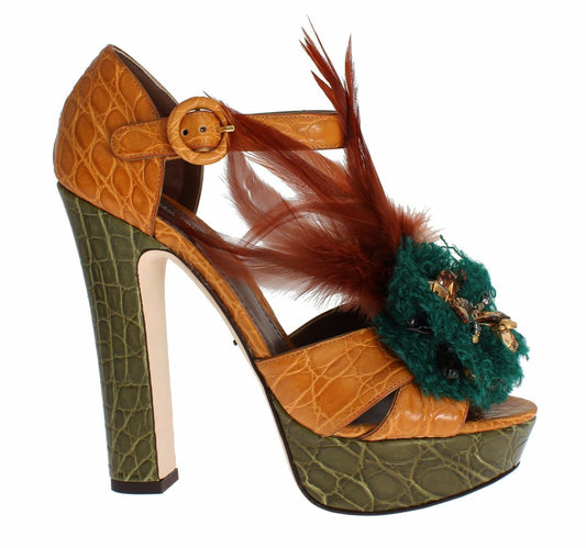 Sandales à plateforme en cuir orange et cristaux Dolce &amp; Gabbana