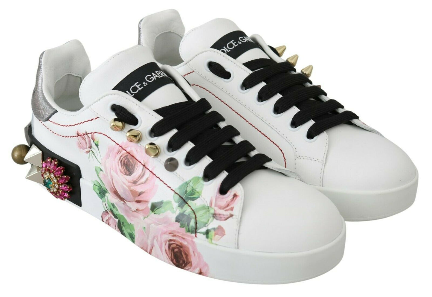 Baskets Dolce &amp; Gabbana en cuir blanc avec cristaux et roses florales