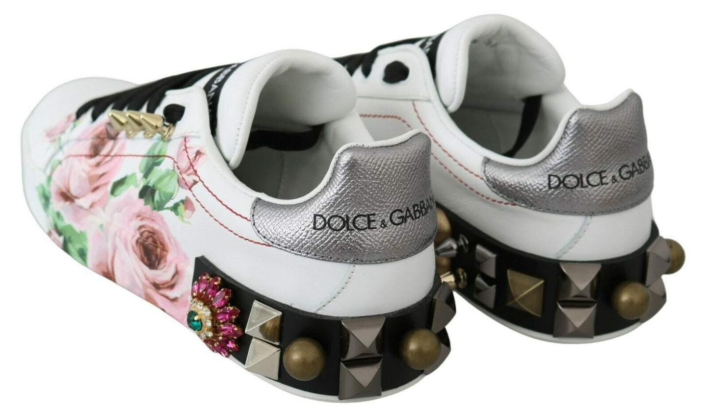 Baskets Dolce &amp; Gabbana en cuir blanc avec cristaux et roses florales