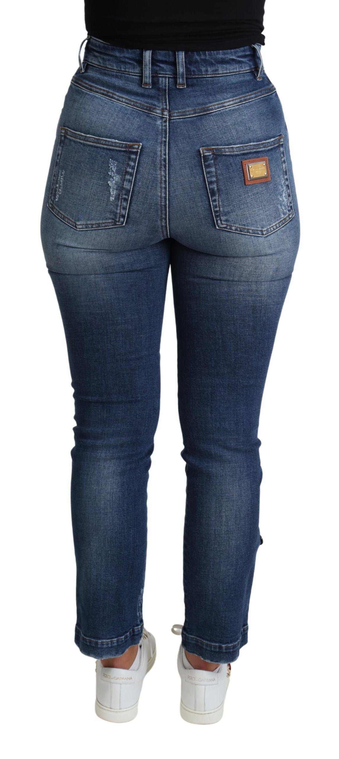 Pantalon skinny en coton bleu à ornements Dolce &amp; Gabbana