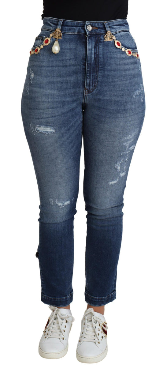 Pantalon skinny en coton bleu à ornements Dolce &amp; Gabbana