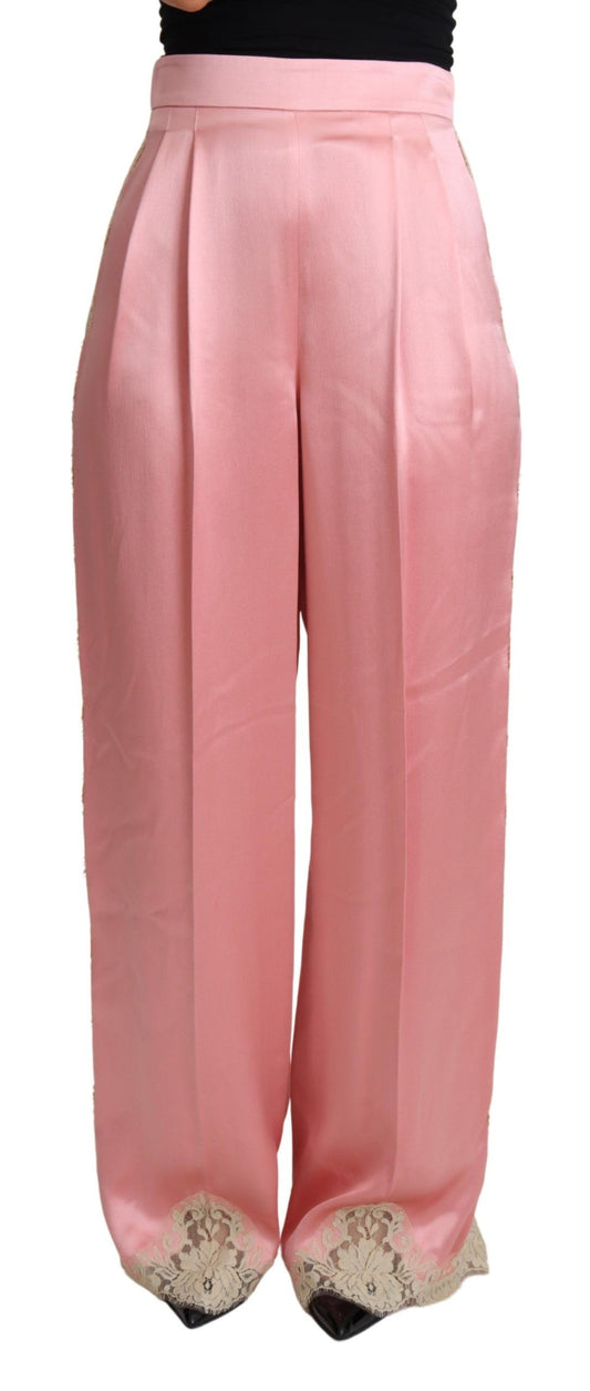 Pantalon large en satin de soie à bordures en dentelle rose Dolce &amp; Gabbana