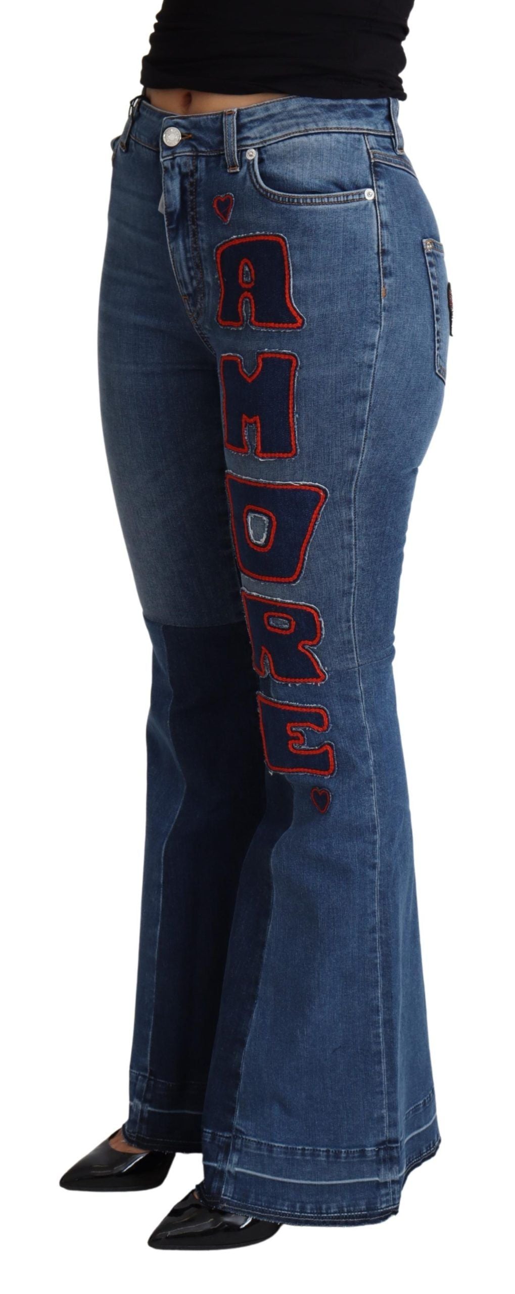 Pantalon bootcut en coton stretch bleu Dolce &amp; Gabbana avec patch Amore