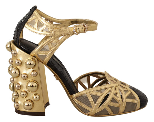 Chaussures à brides cheville cloutées en cuir noir et doré Dolce &amp; Gabbana