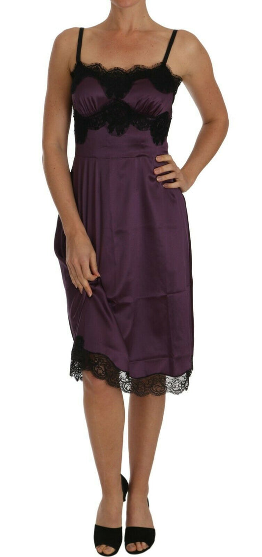Robe trapèze en soie stretch violette et dentelle noire Dolce &amp; Gabbana