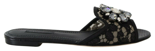 Dolce &amp; Gabbana Claquettes noires en dentelle Taormina et cristaux