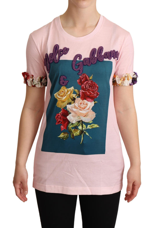 T-shirt ras du cou en coton rose à fleurs Dolce &amp; Gabbana