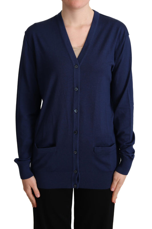 Pull cardigan boutonné en laine vierge bleue Dolce &amp; Gabbana