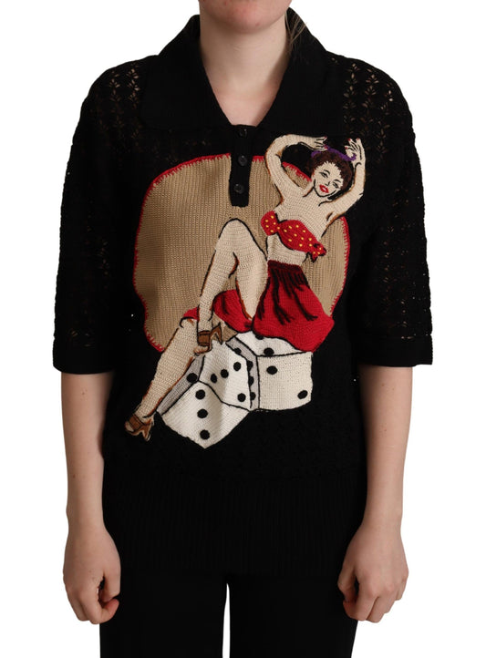 Pull en coton tricoté brodé noir Dolce &amp; Gabbana