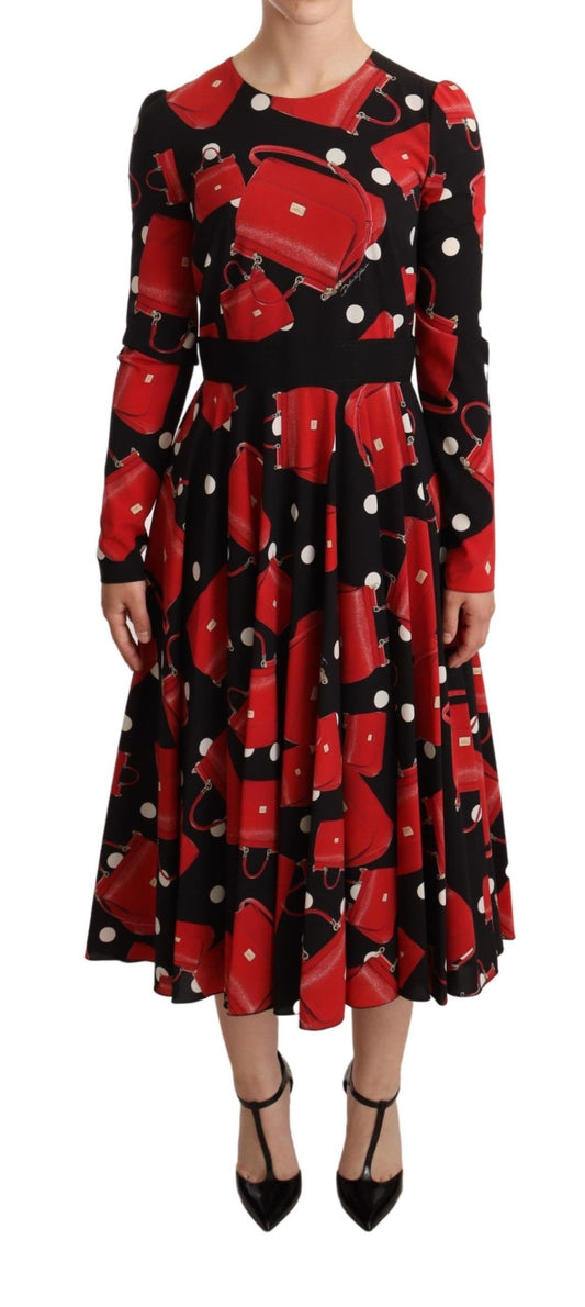 Robe midi évasée noire à imprimé sac Sicily de Dolce &amp; Gabbana