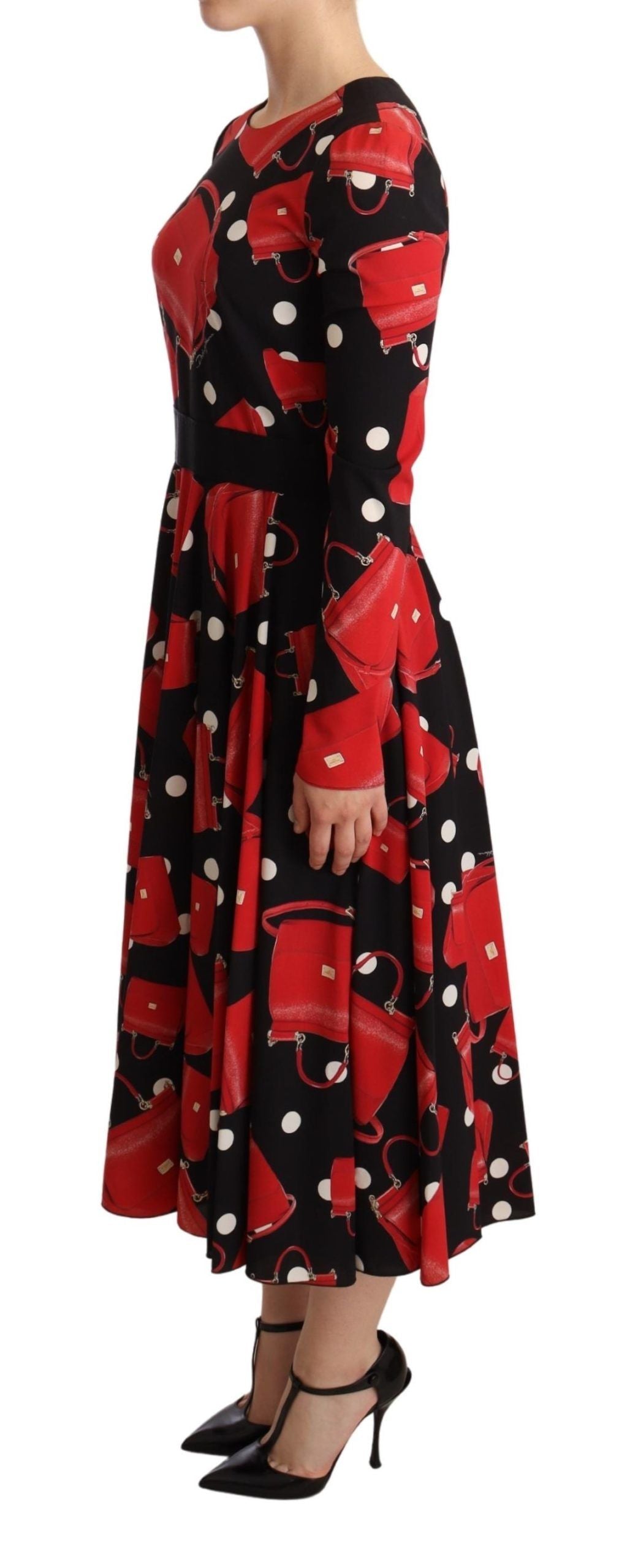 Robe midi évasée noire à imprimé sac Sicily de Dolce &amp; Gabbana