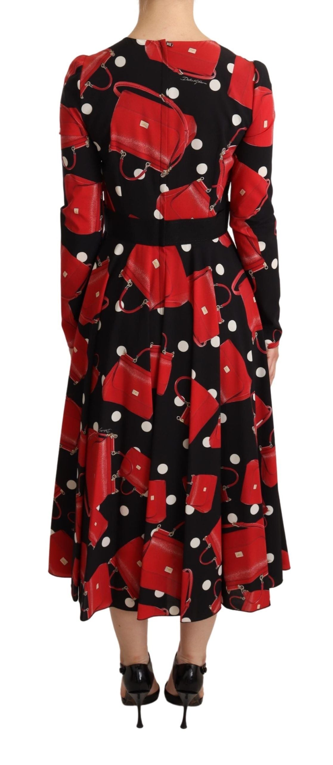 Robe midi évasée noire à imprimé sac Sicily de Dolce &amp; Gabbana