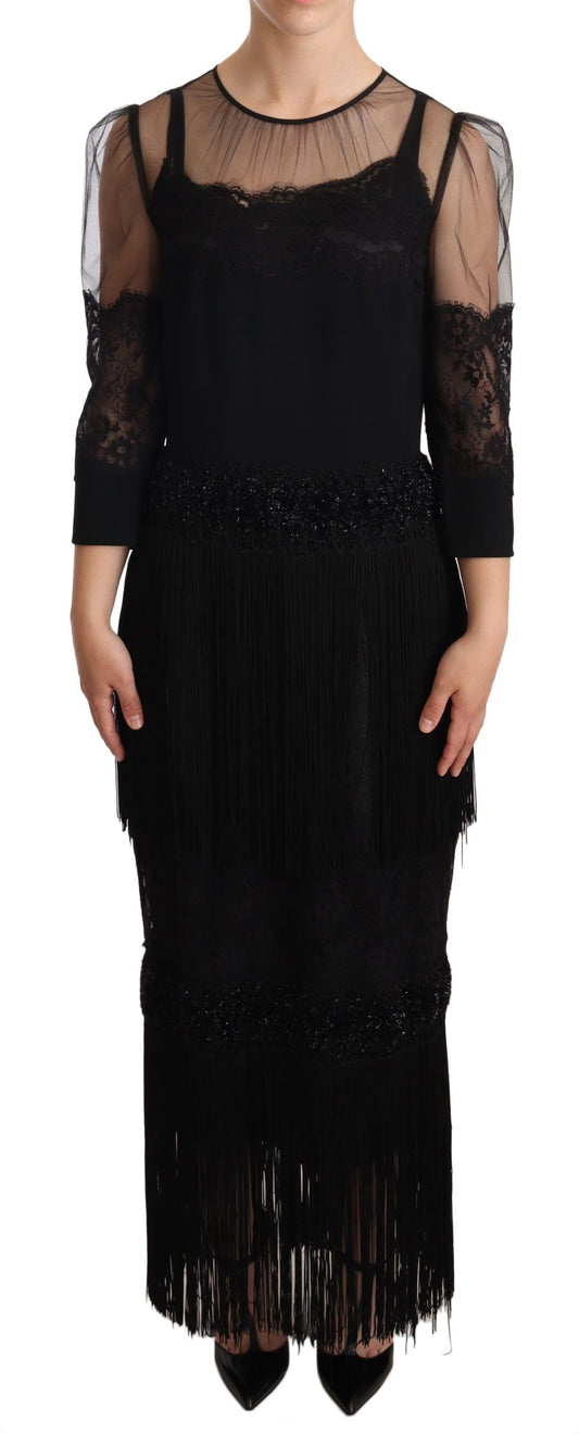 Robe longue noire en dentelle florale transparente et cristaux Dolce &amp; Gabbana