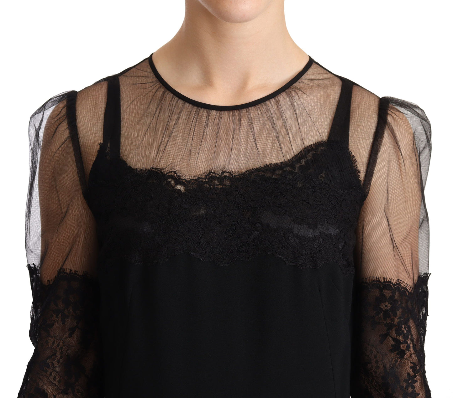 Robe longue noire en dentelle florale transparente et cristaux Dolce &amp; Gabbana