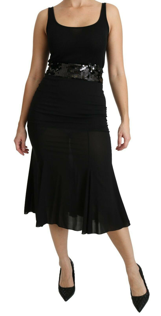 Jupe mi-longue sirène taille haute en soie noire Dolce &amp; Gabbana