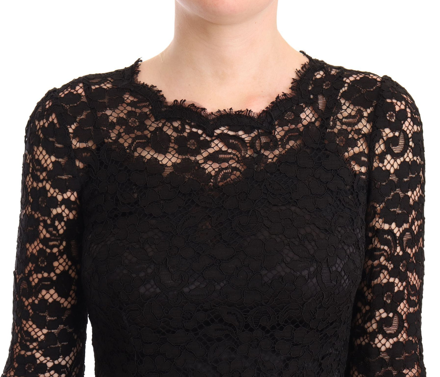 Robe sirène à manches longues en dentelle de coton noire Dolce &amp; Gabbana