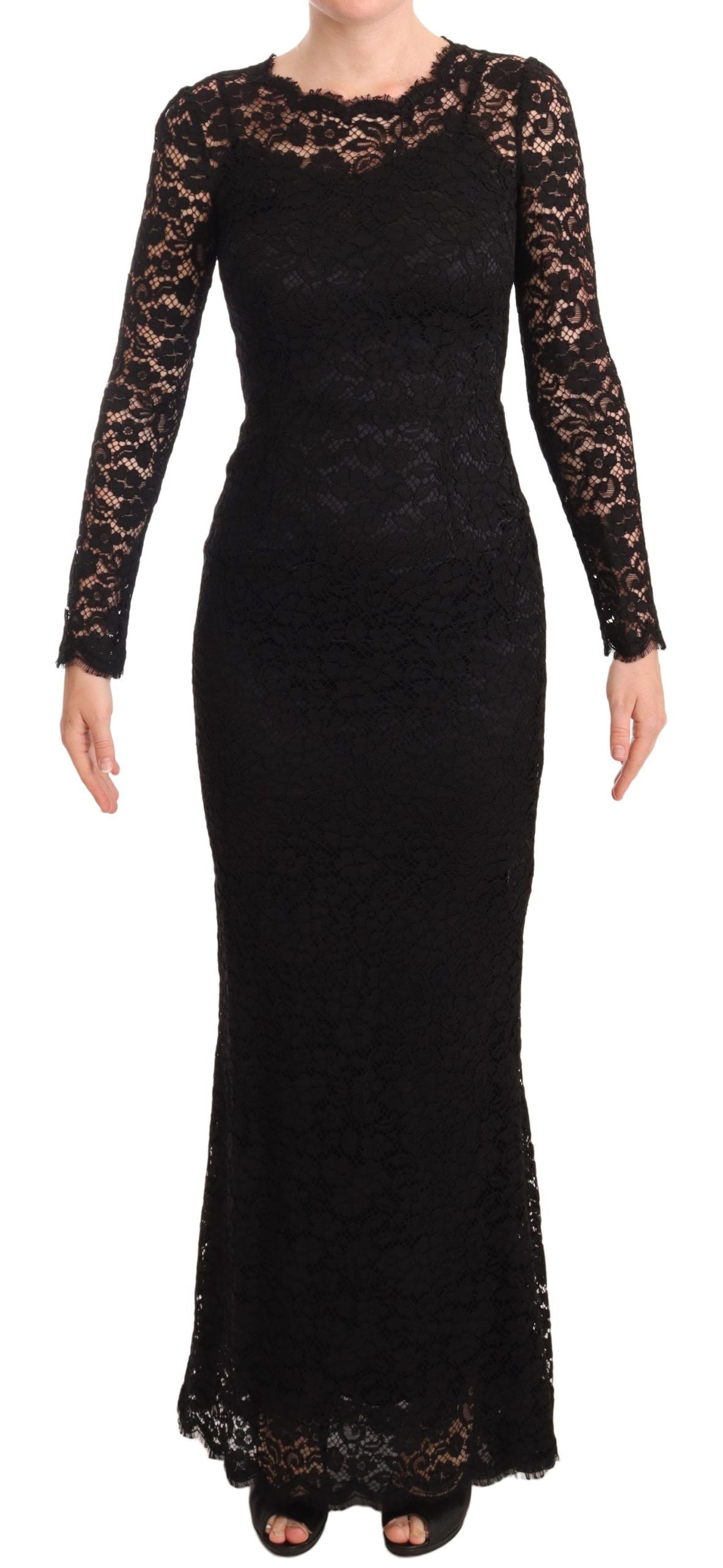 Robe sirène à manches longues en dentelle de coton noire Dolce &amp; Gabbana
