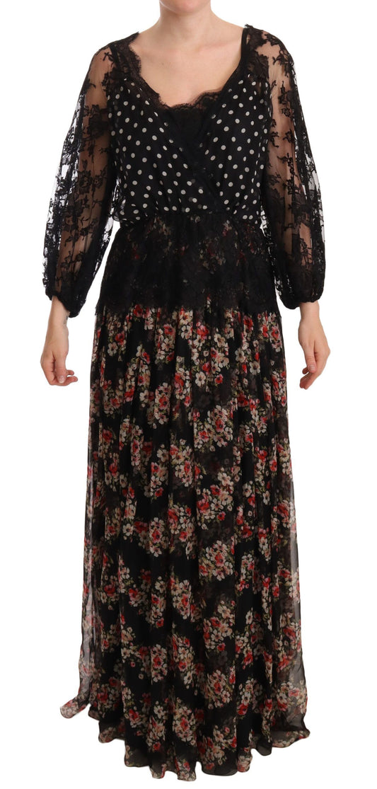 Robe longue capri noire en dentelle florale à pois Dolce &amp; Gabbana