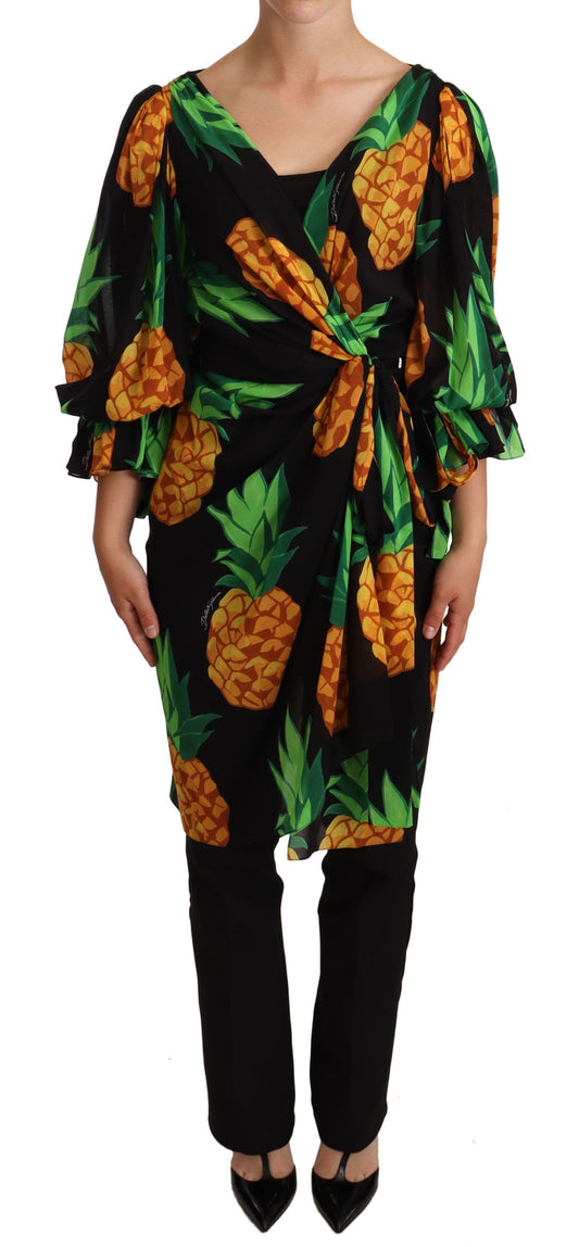 Robe portefeuille en soie stretch noire à imprimé ananas Dolce &amp; Gabbana