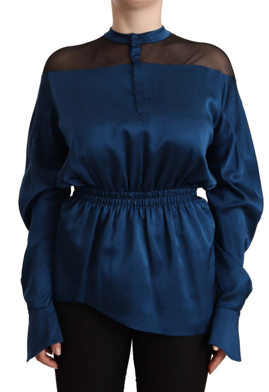 Chemisier Masha Ma en soie bleue à manches longues et taille élastique