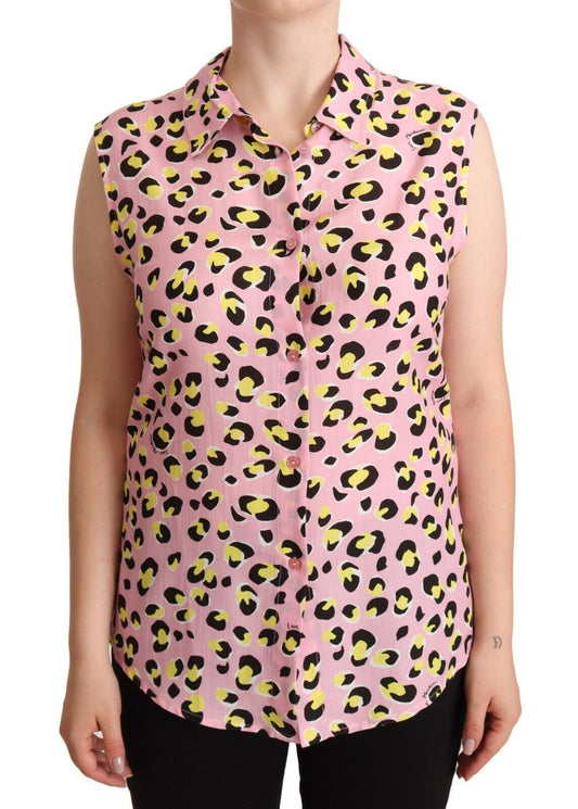 Polo sans manches à col et imprimé léopard rose Love Moschino
