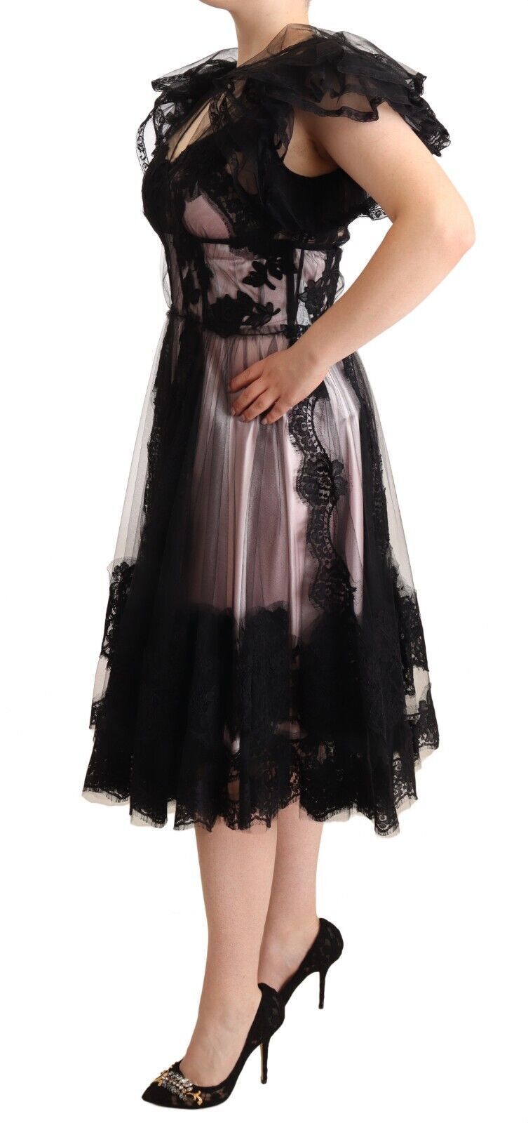 Robe mi-longue transparente en dentelle florale noire et rose Dolce &amp; Gabbana