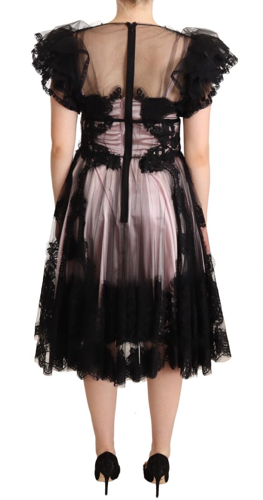 Robe mi-longue transparente en dentelle florale noire et rose Dolce &amp; Gabbana