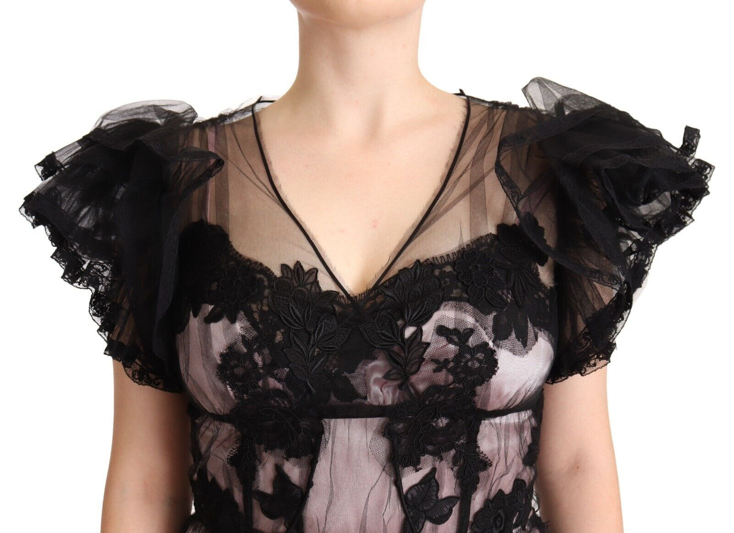Robe mi-longue transparente en dentelle florale noire et rose Dolce &amp; Gabbana