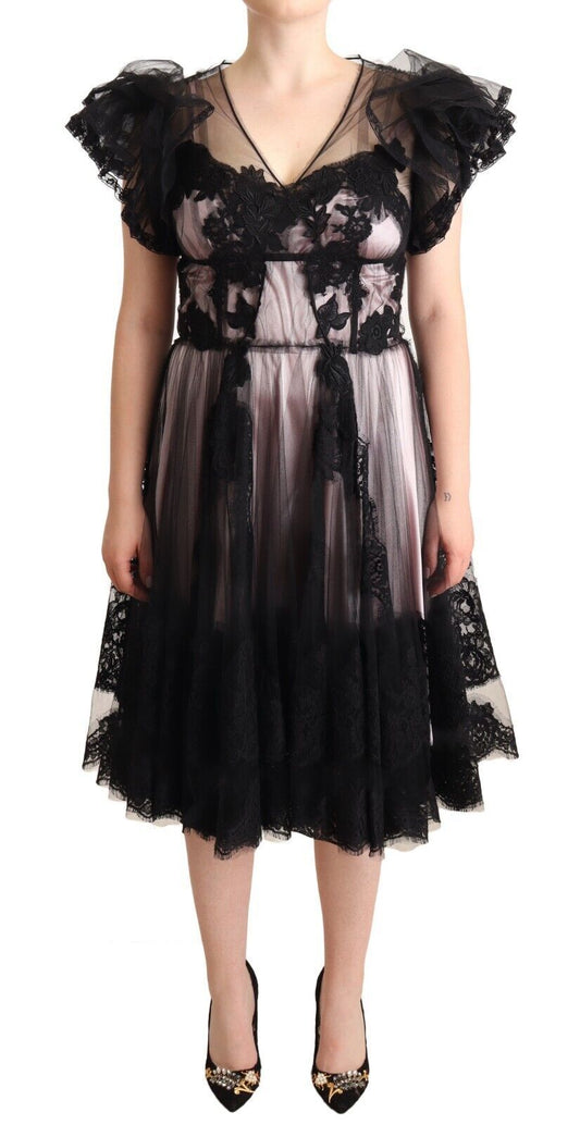 Robe mi-longue transparente en dentelle florale noire et rose Dolce &amp; Gabbana