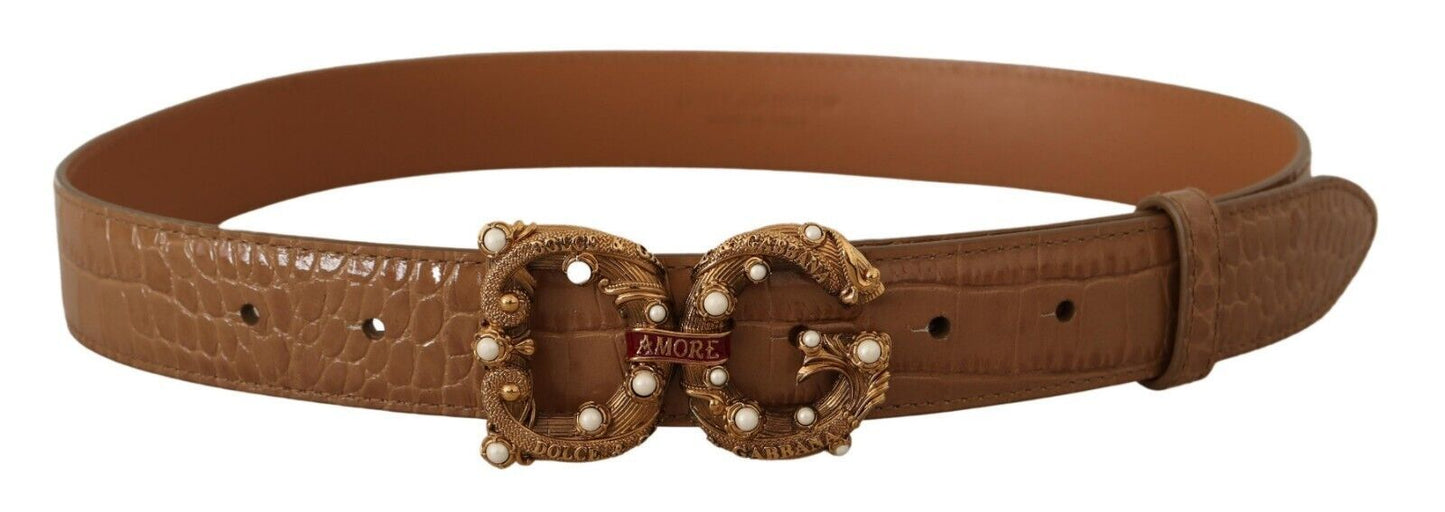 Ceinture Dolce &amp; Gabbana en cuir marron à motif crocodile et logo Amore