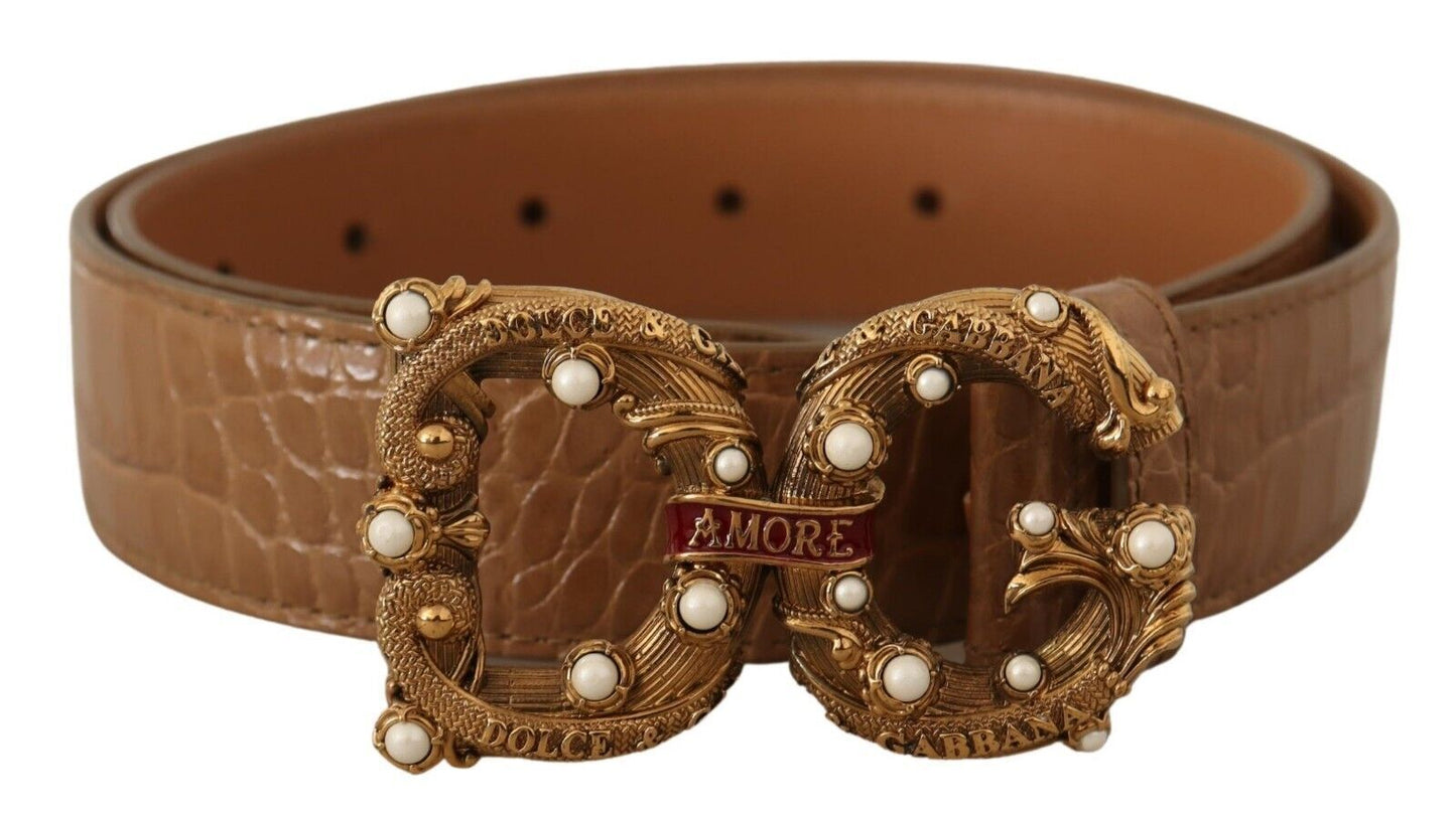 Ceinture Dolce &amp; Gabbana en cuir marron à motif crocodile et logo Amore