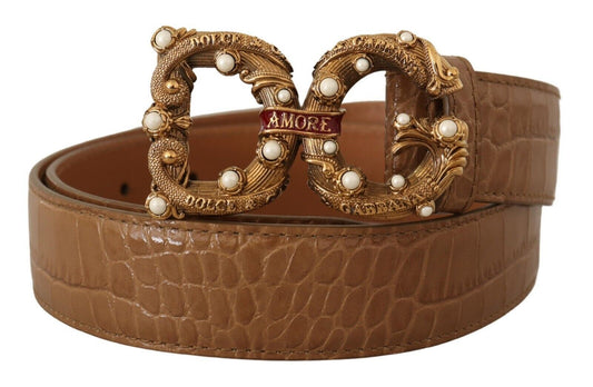 Ceinture Dolce &amp; Gabbana en cuir marron à motif crocodile et logo Amore