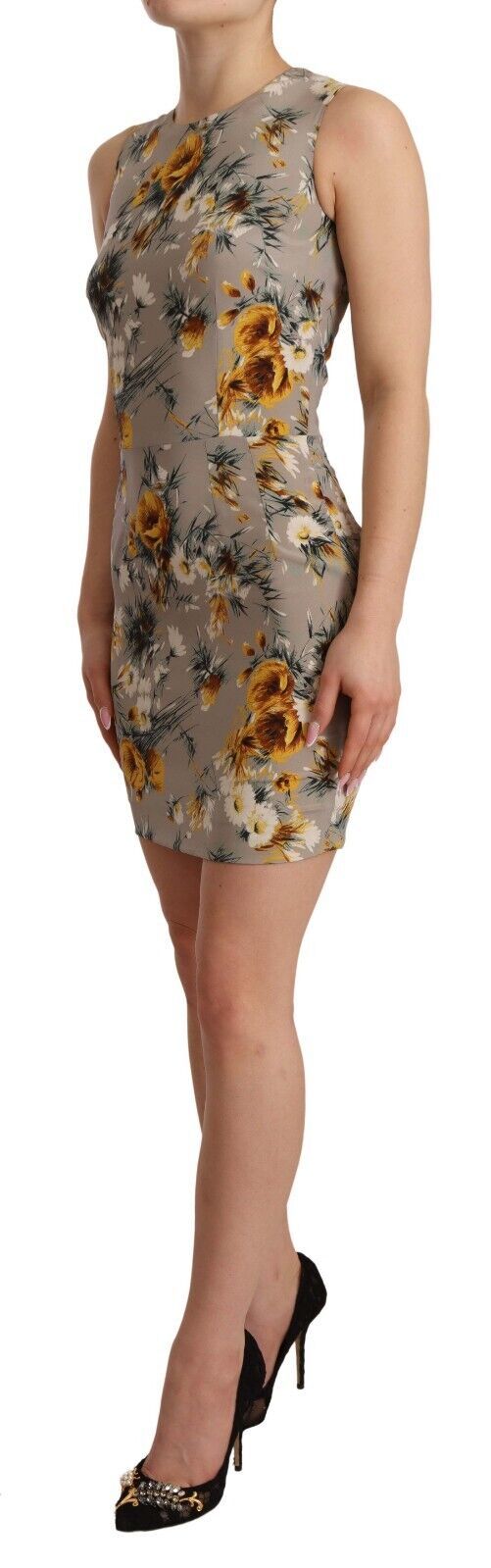 Mini-robe fourreau fleurie en soie stretch grise Dolce &amp; Gabbana