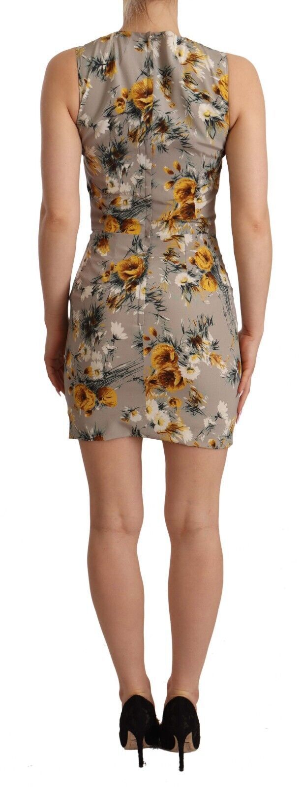 Mini-robe fourreau fleurie en soie stretch grise Dolce &amp; Gabbana