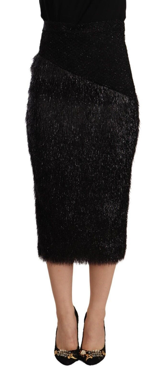Jupe crayon mi-longue taille haute en viscose noire à paillettes Masha Ma