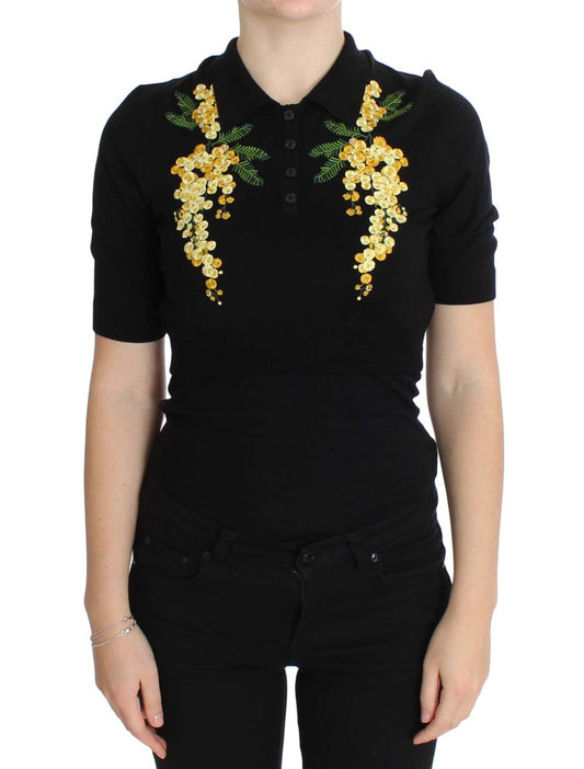 Polo Dolce &amp; Gabbana en soie noire brodée de fleurs