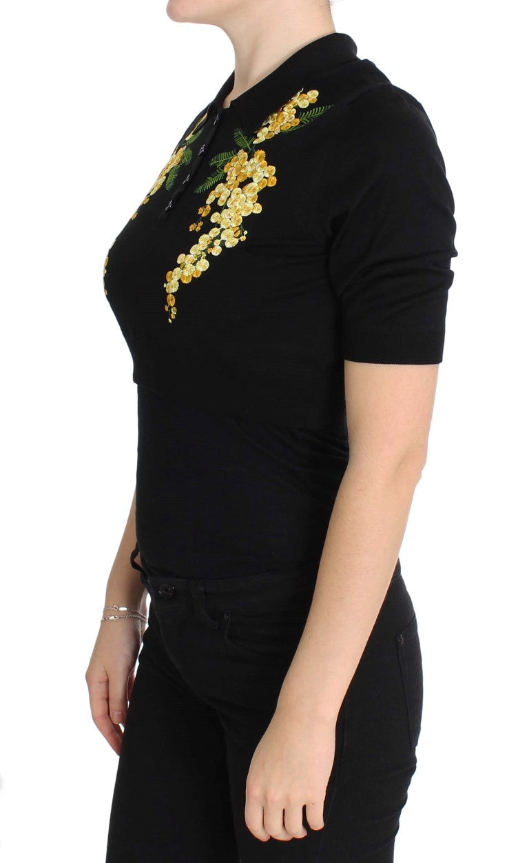 Polo Dolce &amp; Gabbana en soie noire brodée de fleurs