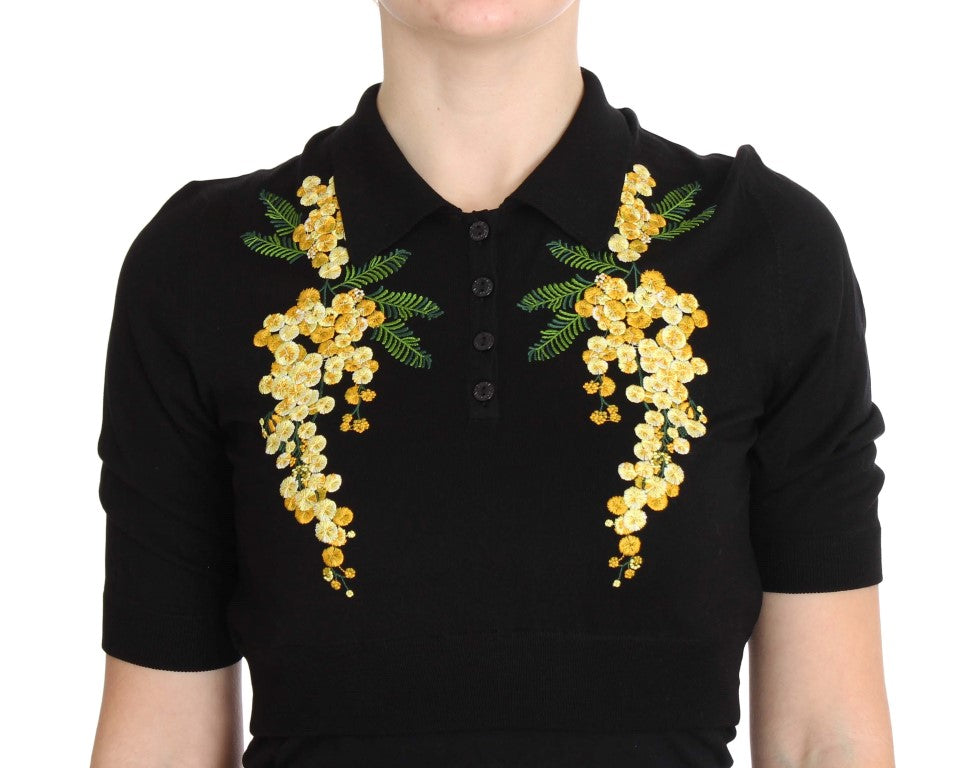Polo Dolce &amp; Gabbana en soie noire brodée de fleurs