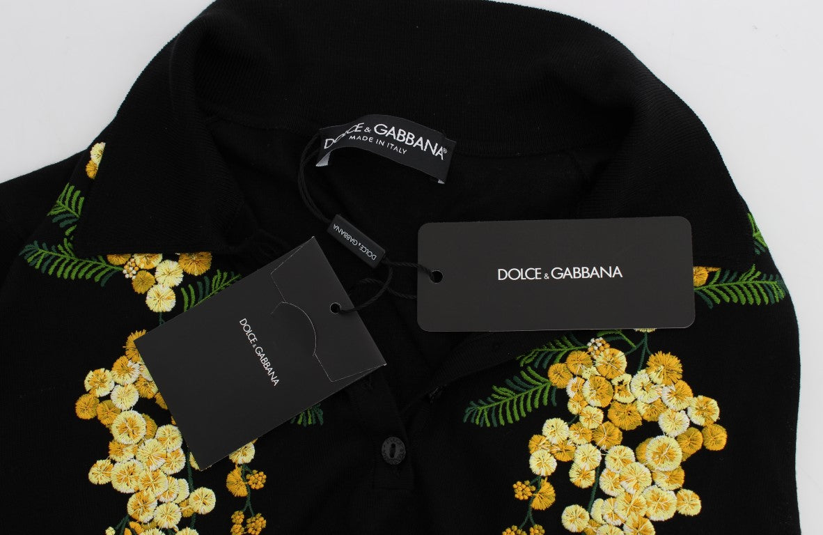 Polo Dolce &amp; Gabbana en soie noire brodée de fleurs