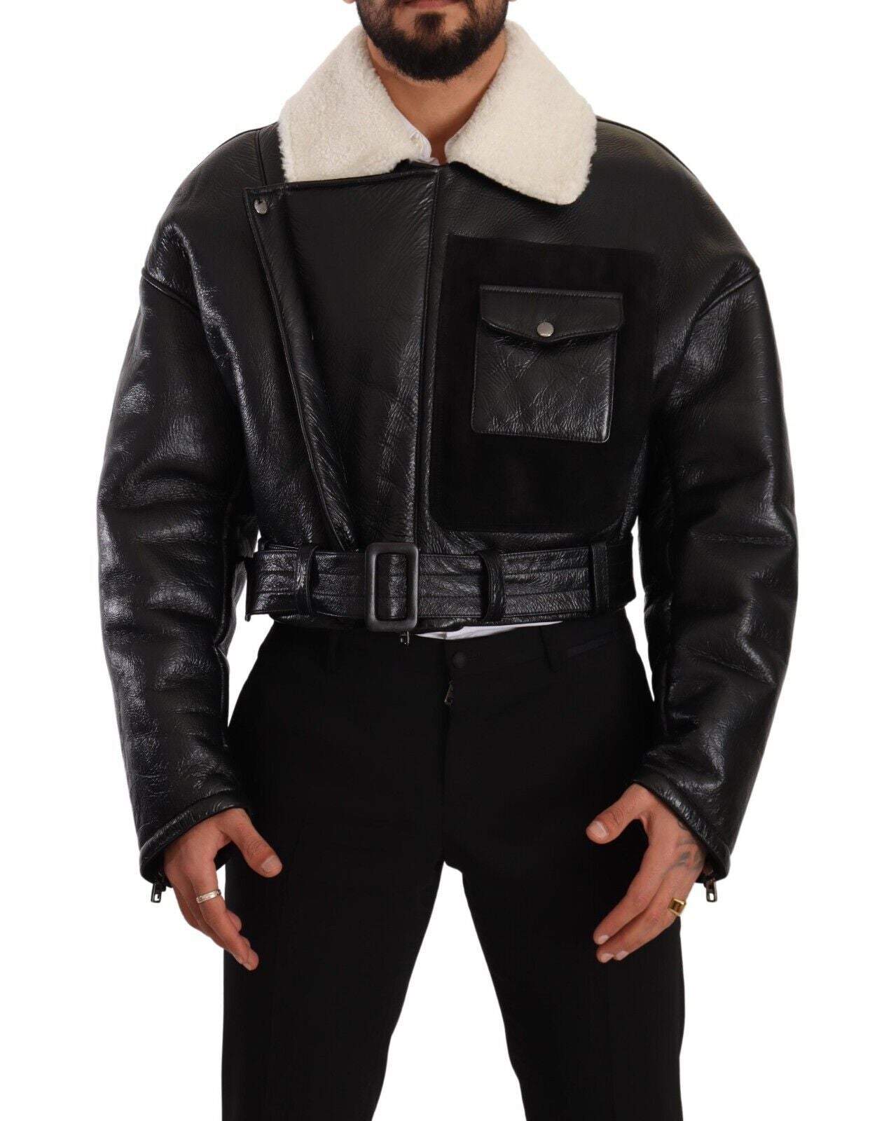 Dolce & Gabbana Black Leather Shearling Biker Coat Jacket