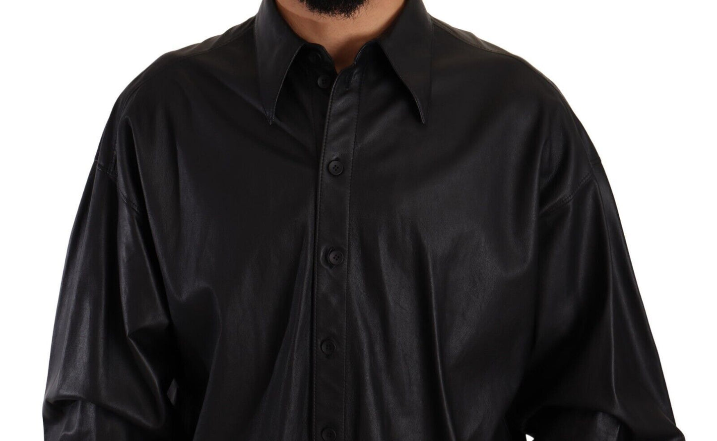 Dolce & Gabbana Black Leather Button Down Men Collared Jacket