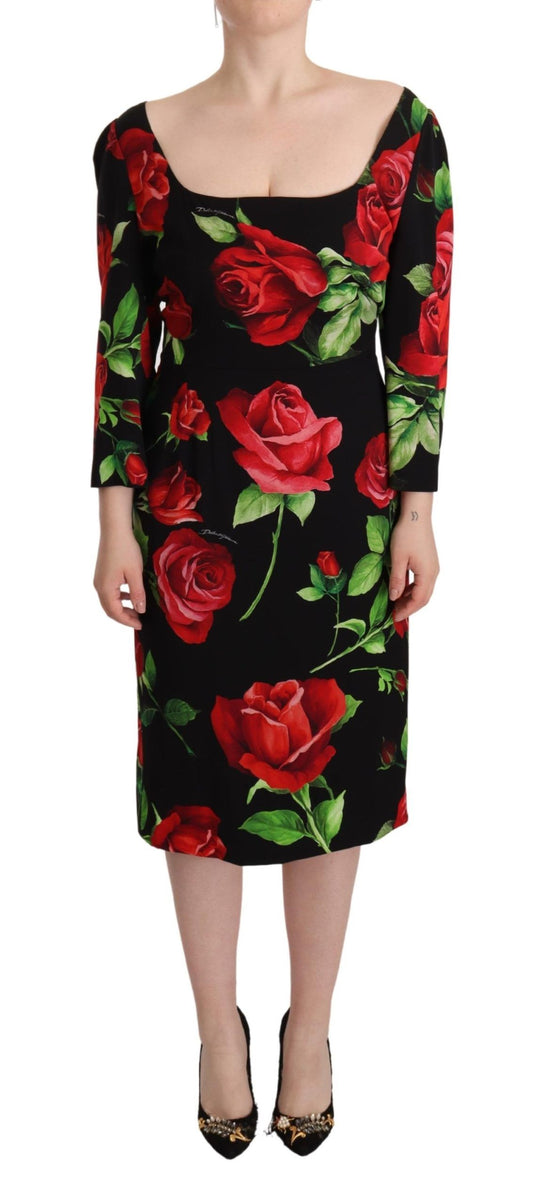 Robe fourreau en soie stretch à roses noires et rouges Dolce &amp; Gabbana