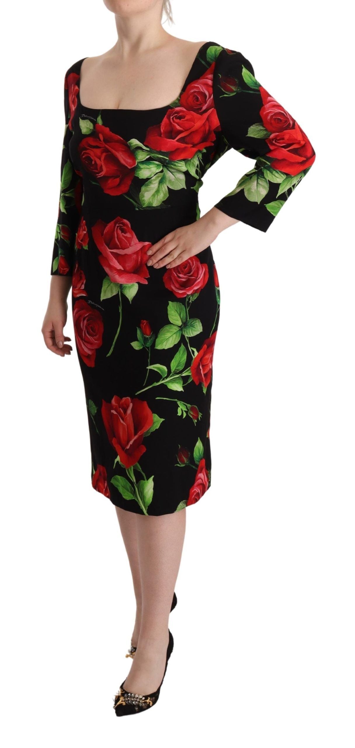 Robe fourreau en soie stretch à roses noires et rouges Dolce &amp; Gabbana