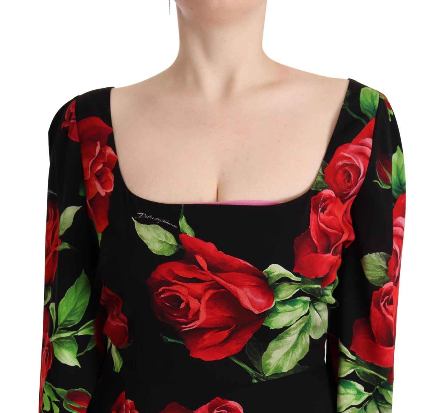 Robe fourreau en soie stretch à roses noires et rouges Dolce &amp; Gabbana