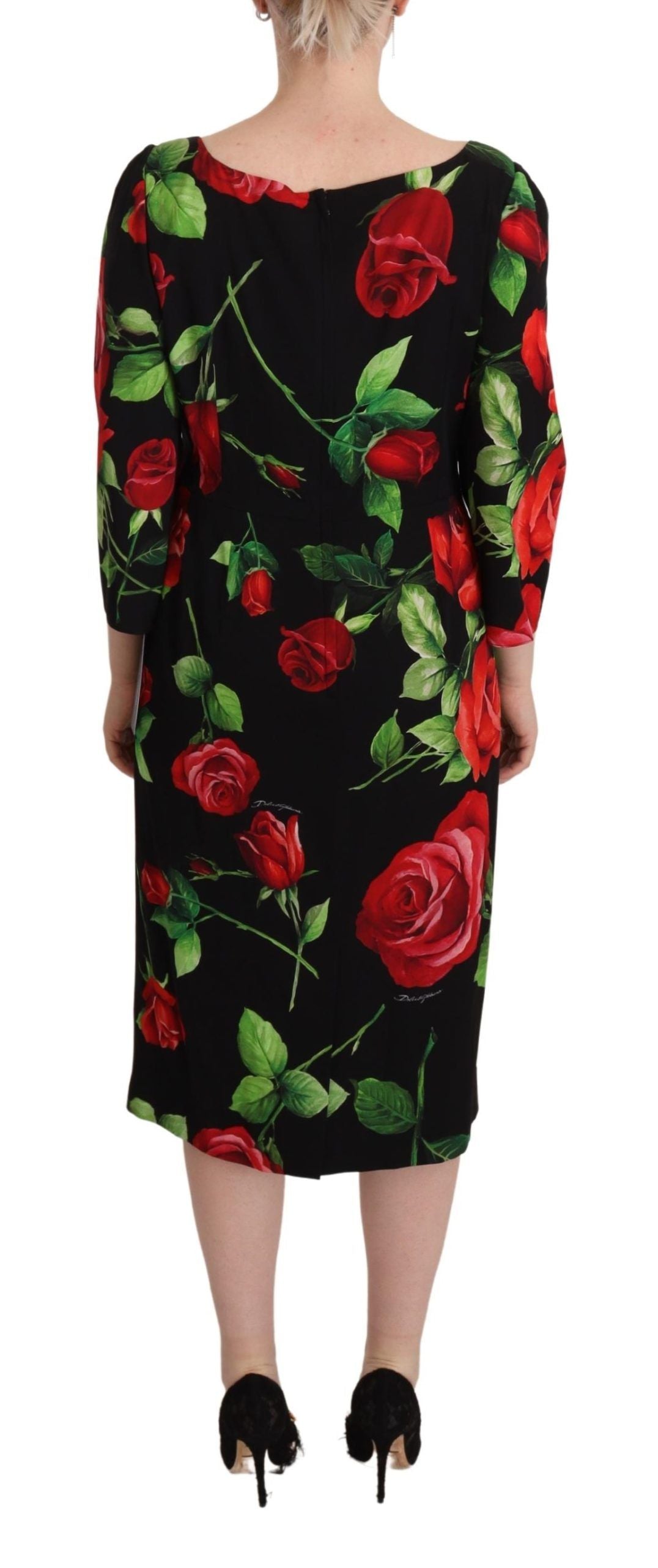 Robe fourreau en soie stretch à roses noires et rouges Dolce &amp; Gabbana